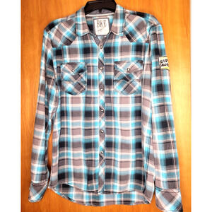 BKE BUCKLE Shirt Mens Large Turquoise Gray Plaid Pearl Snap "Turbo Charge" Patch